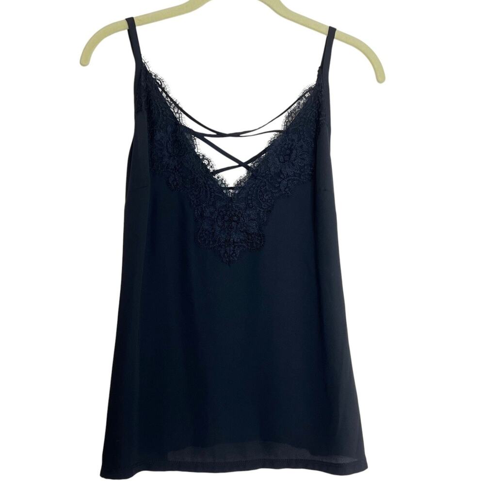 Bar III Womens Cami Top Size Large Black Lace Trim Strappy V-Neck Whimsigoth